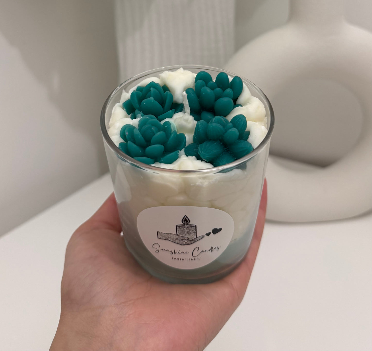 Green and White Succulents Candle