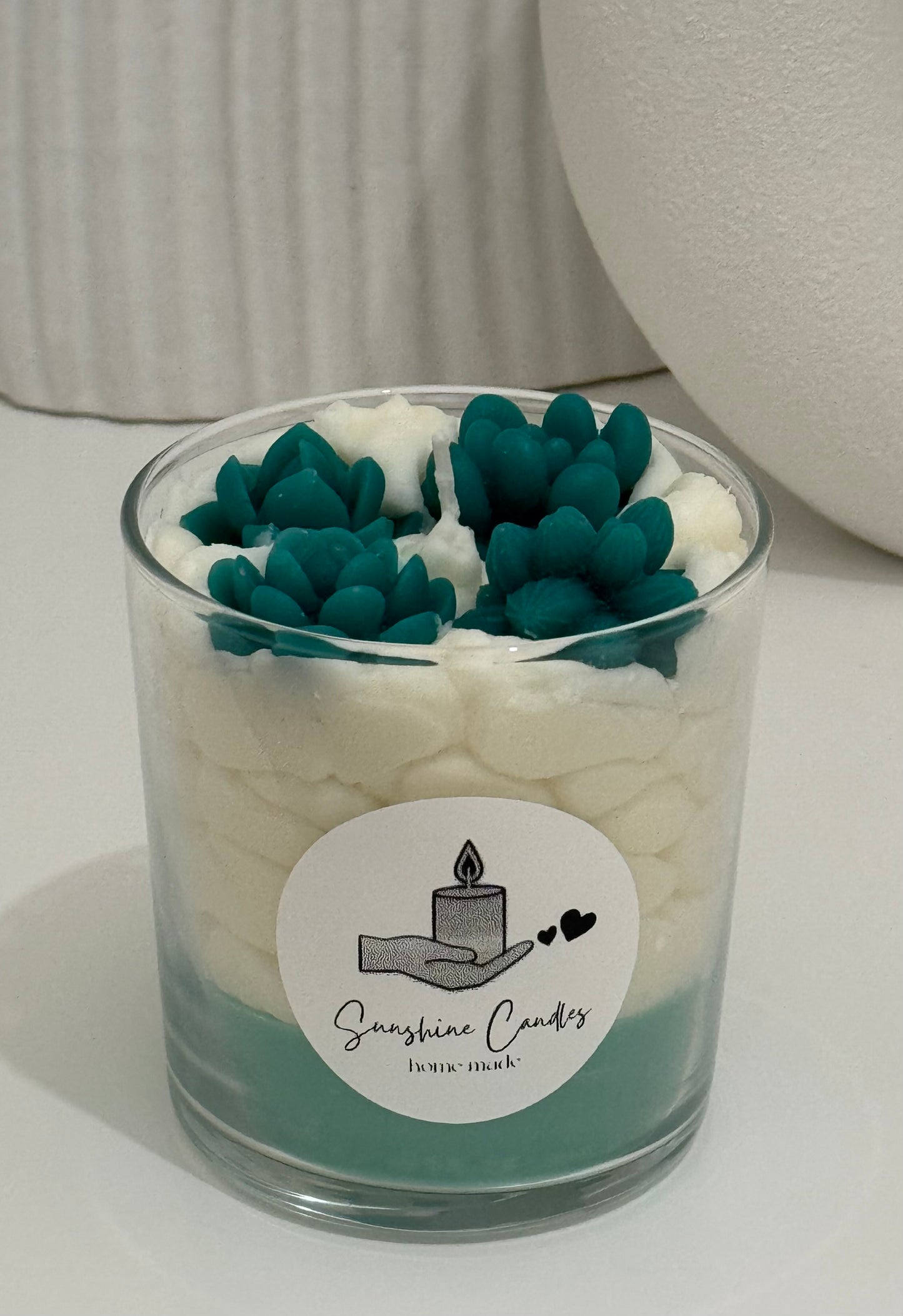 Green and White Succulents Candle