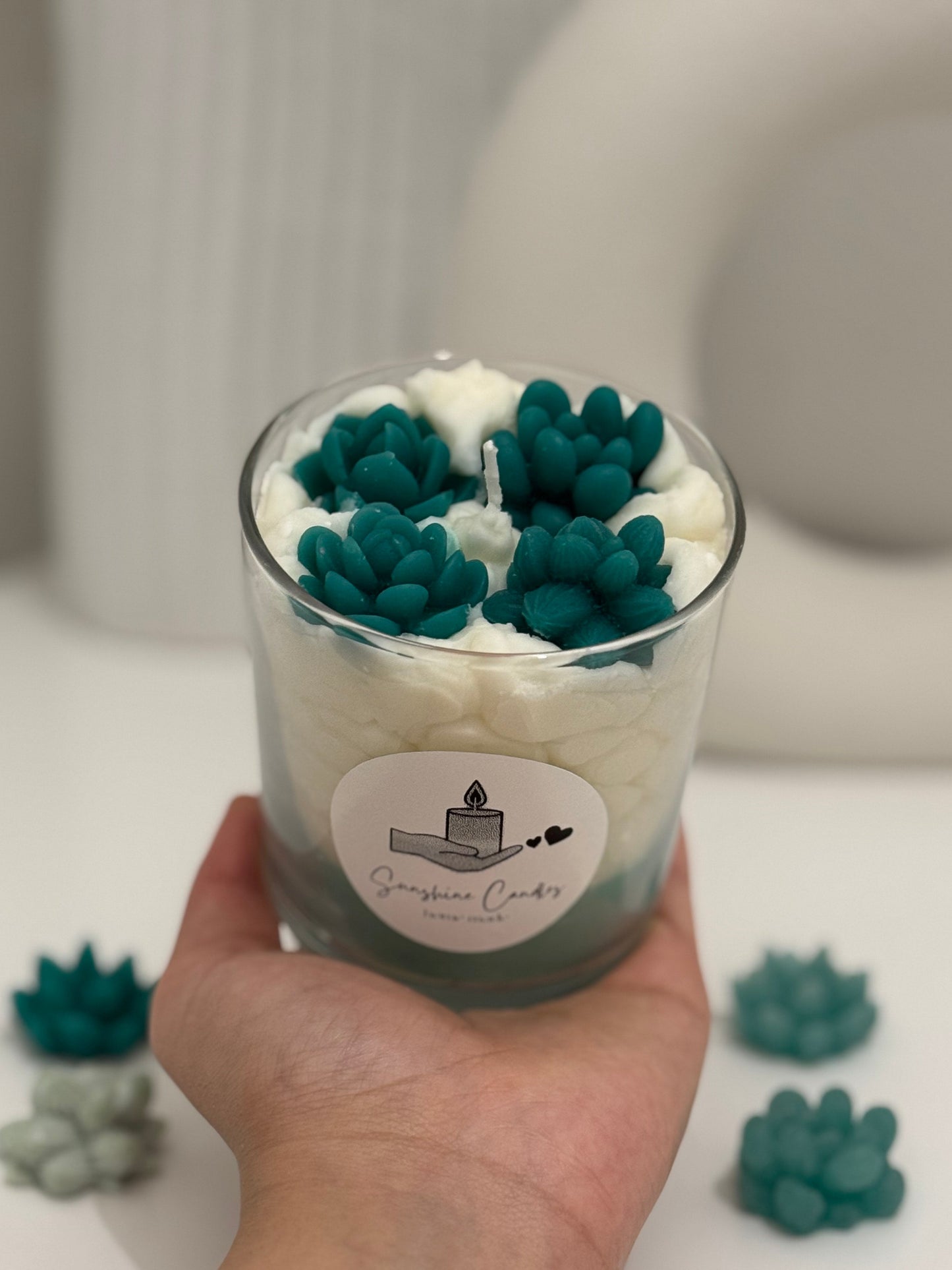 Green and White Succulents Candle